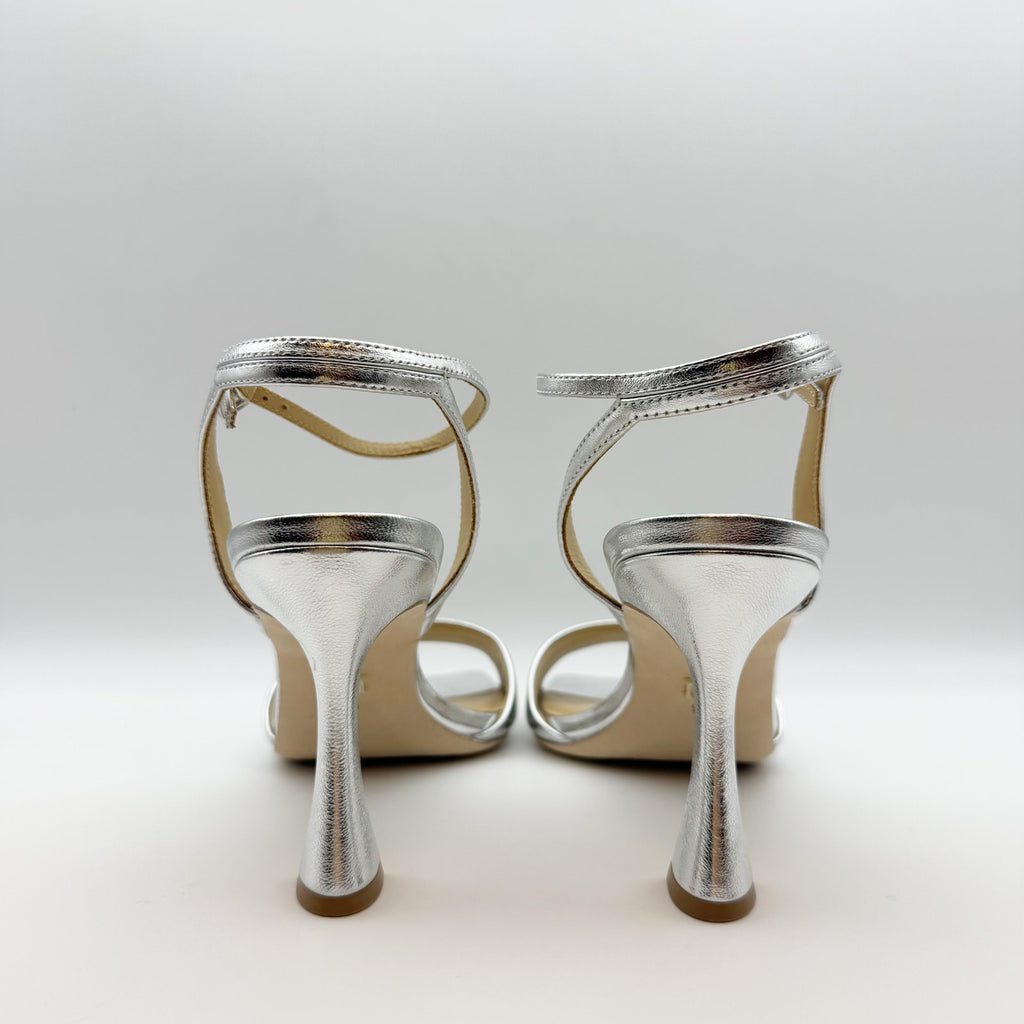 Badgley Mischka Women's Cady Sandals 9.5 Silver Leather Square Toe High Heel NIB