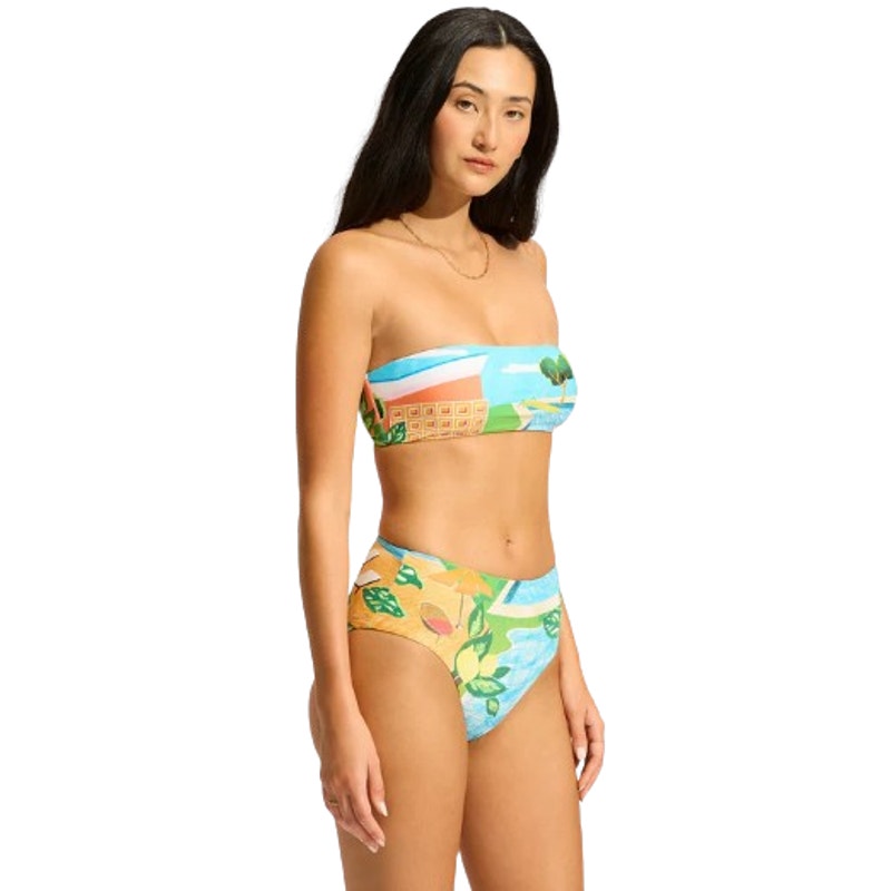 SEAFOLLY Womens Sunset Bikini Bottom Size 8 Turquoise Print High Waist Pant NWT