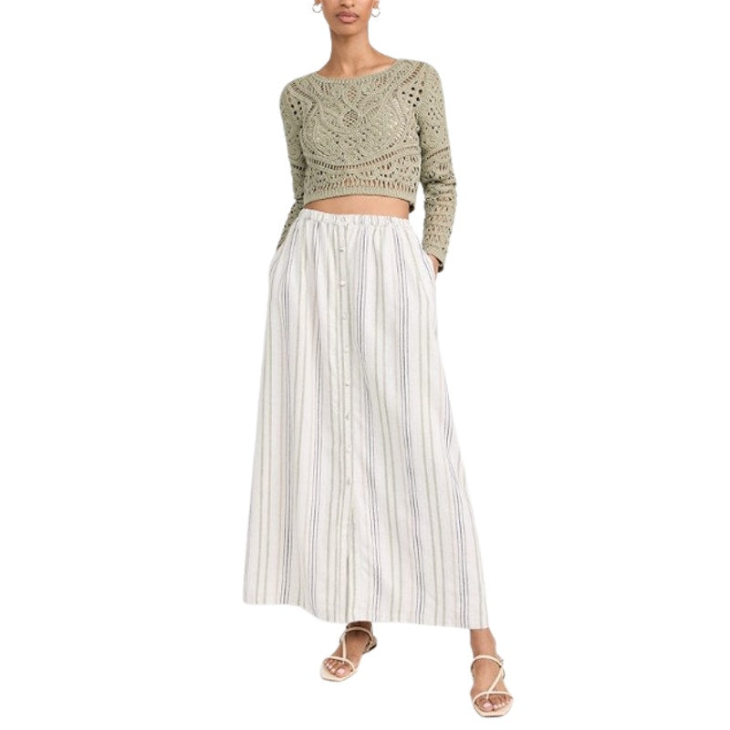 SPLENDID Women's Demi Maxi Skirt XS White Blue Cypress Stripe Button Front NWT