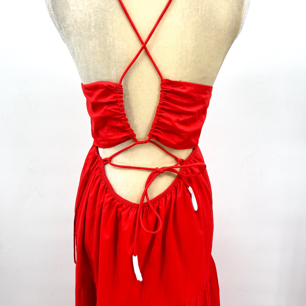 L*SPACE Women's Laina Tiered Maxi Dress Medium Red Criss-Cross Back NWT