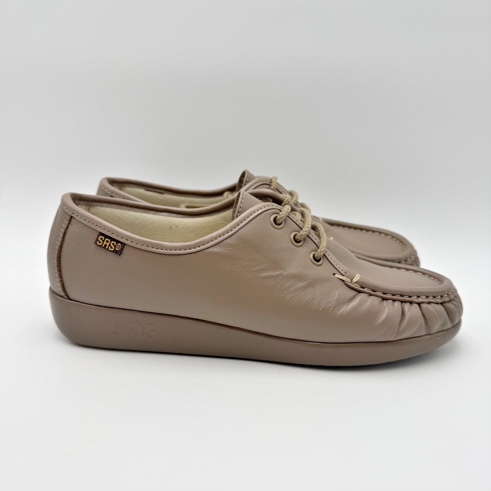 SAS Womens Siesta Comfort Tie Wedge Shoes US 7 M Mocha Tan Leather NIB