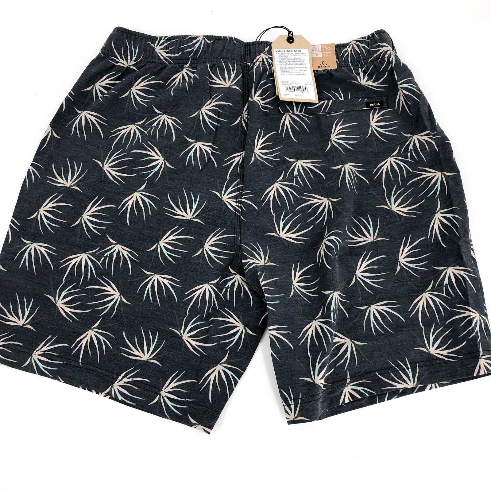 PRANA Men's Metric Board Short Size XXL Black Bloom 8" inseam Drawstring NWT