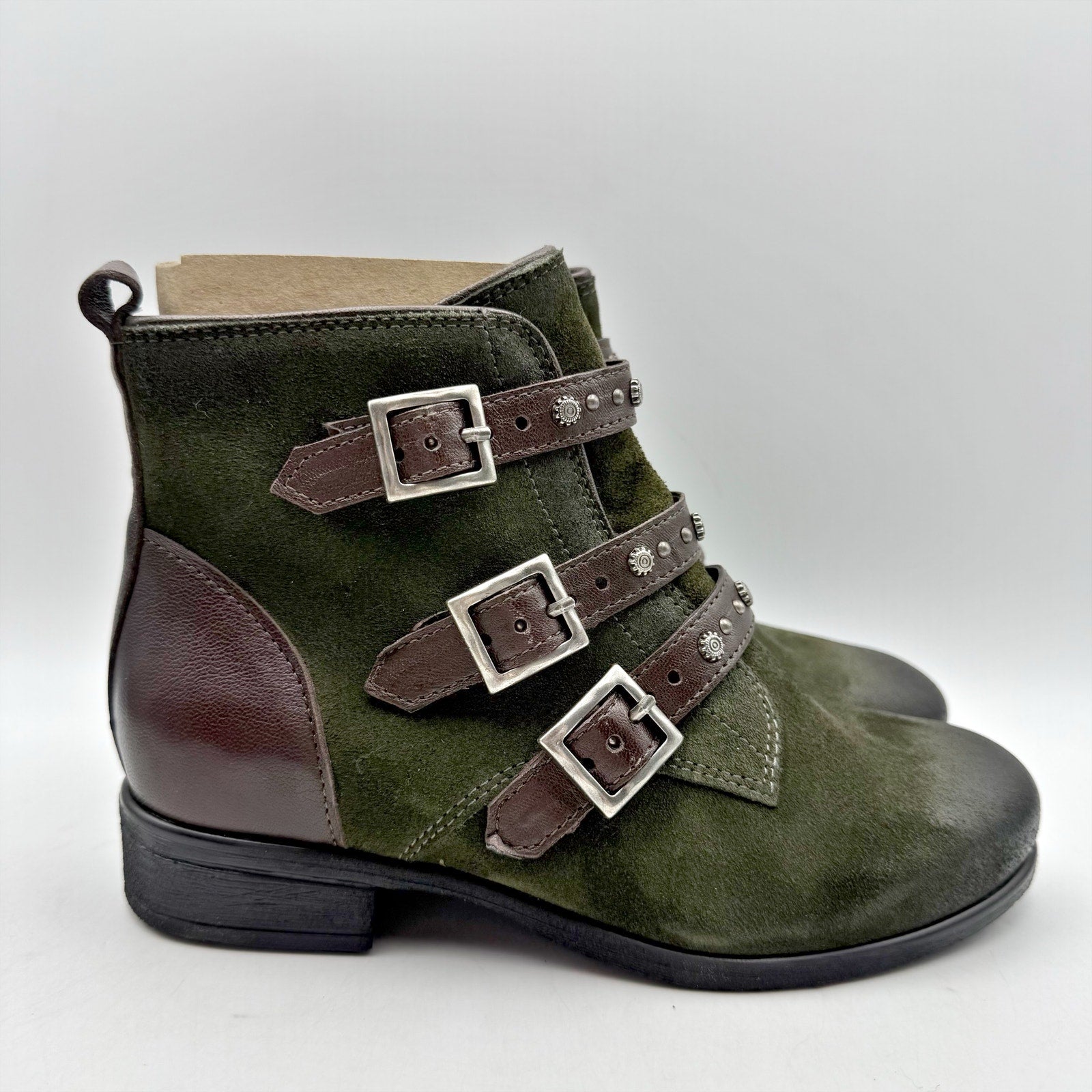 Miz Mooz Womens Sherri Ankle Boot EU 36 WIDE US 6 Green Brown Leather Buckle NIB