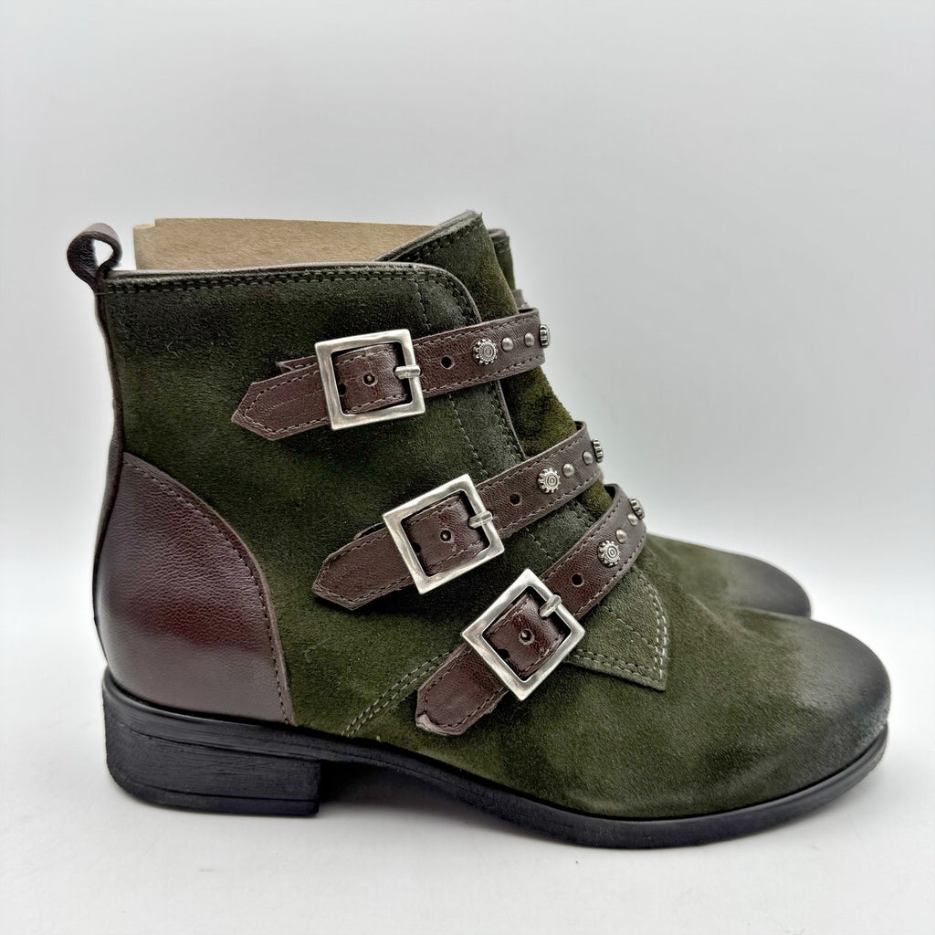 Miz Mooz Womens Sherri Ankle Boot EU 36 WIDE US 6 Green Brown Leather Buckle NIB