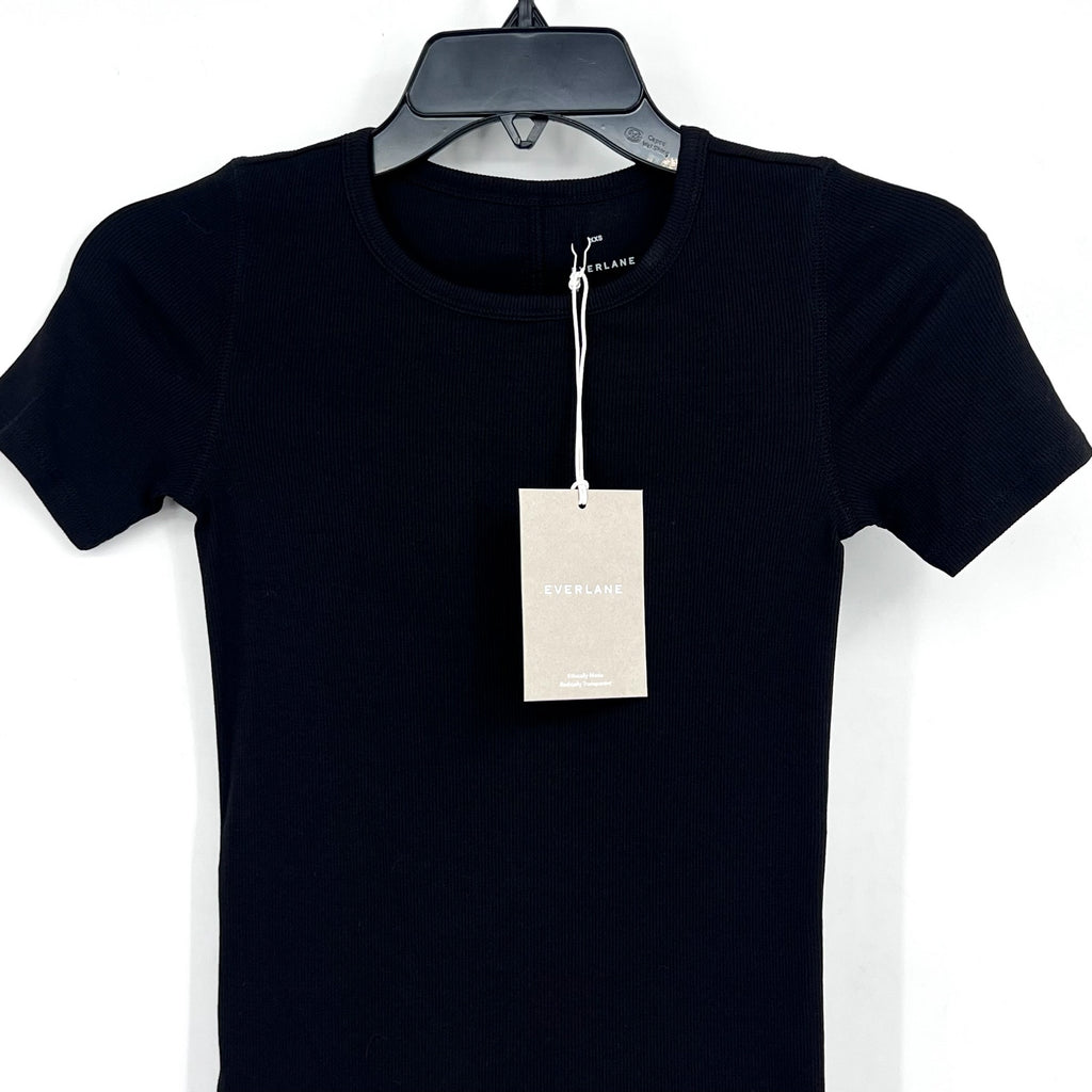 EVERLANE Women's The Luxe Rib Crew Tee XXS Black Short Sleeve Supima Cotton NWT