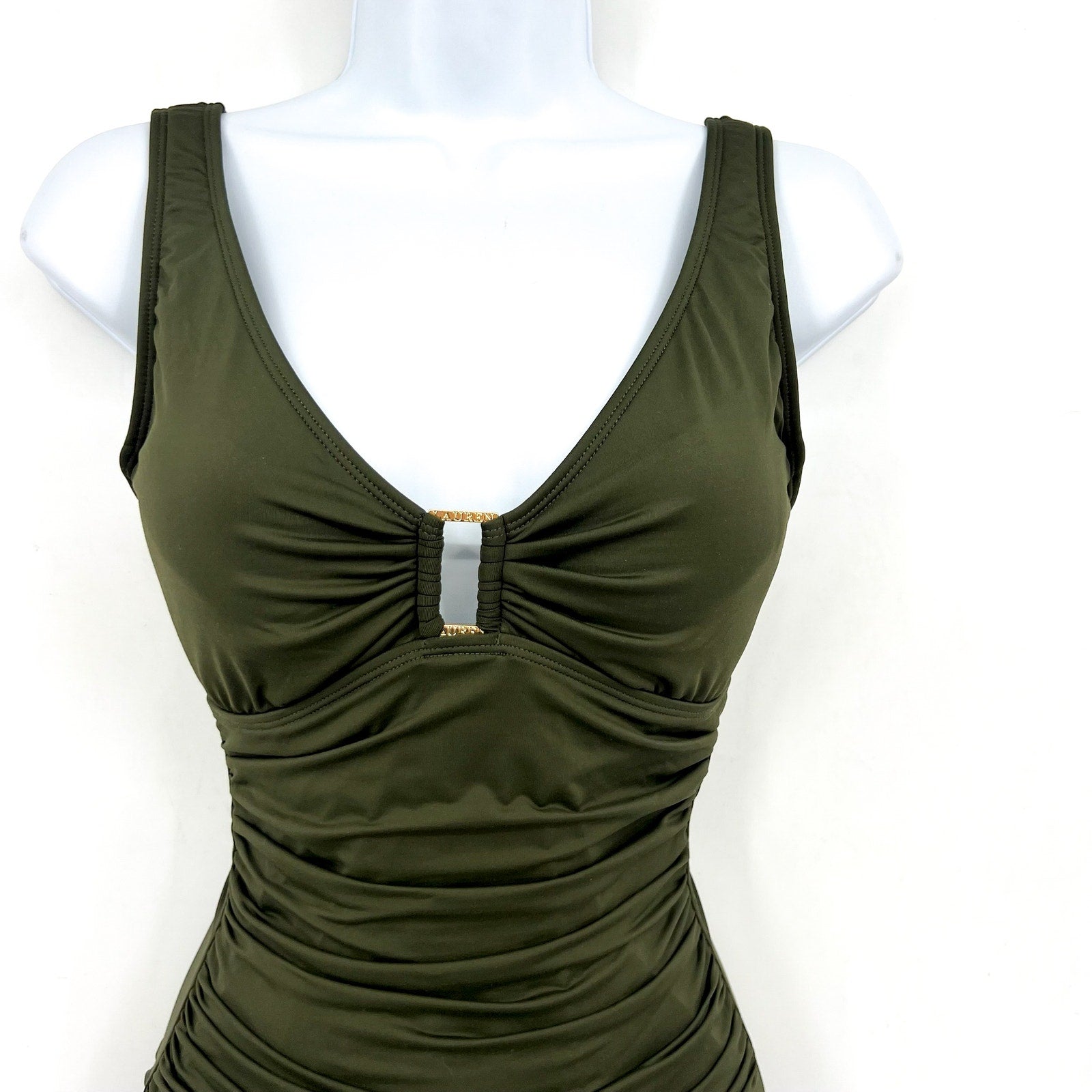 LAUREN RALPH LAUREN Ring One Piece Swimsuit Size 12 Olive Green OTS NWT