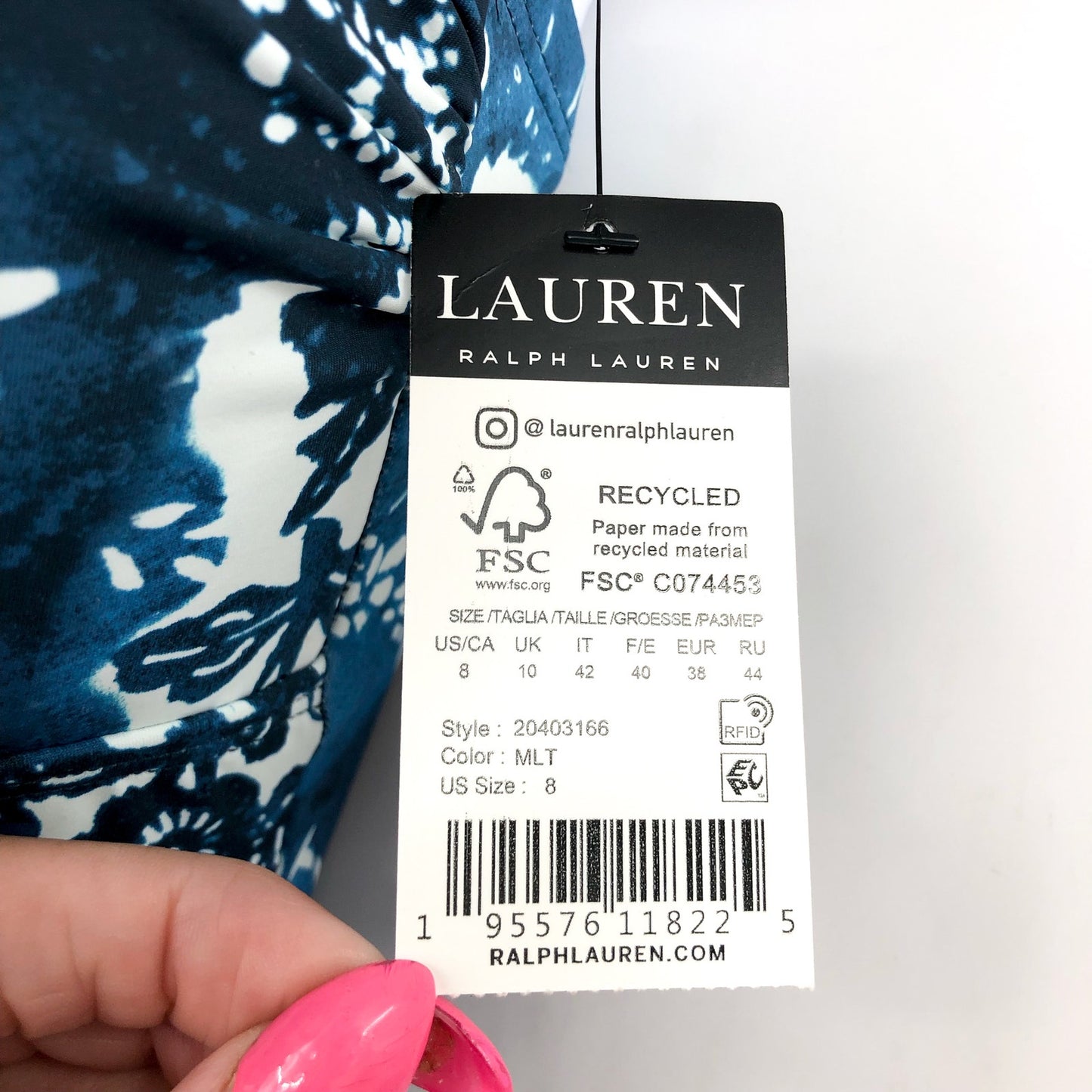 LAUREN RALPH LAUREN Halter Bandeau One Piece Swimsuit Sz 8 Blue Patchwork NWT