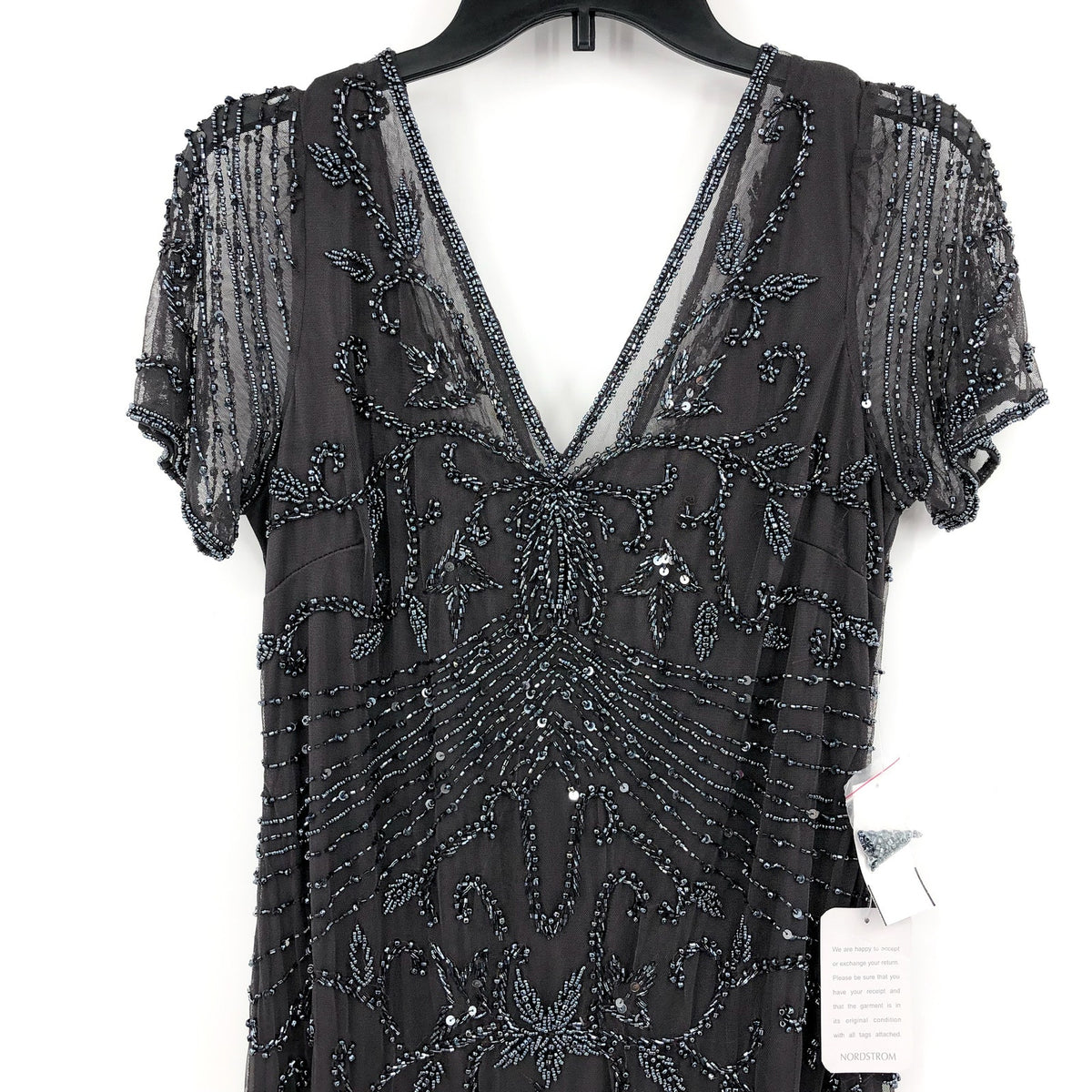 PISARRO NIGHTS Women's Beaded Mesh Column Gown Size 12 Gray Short Sleeve NWT