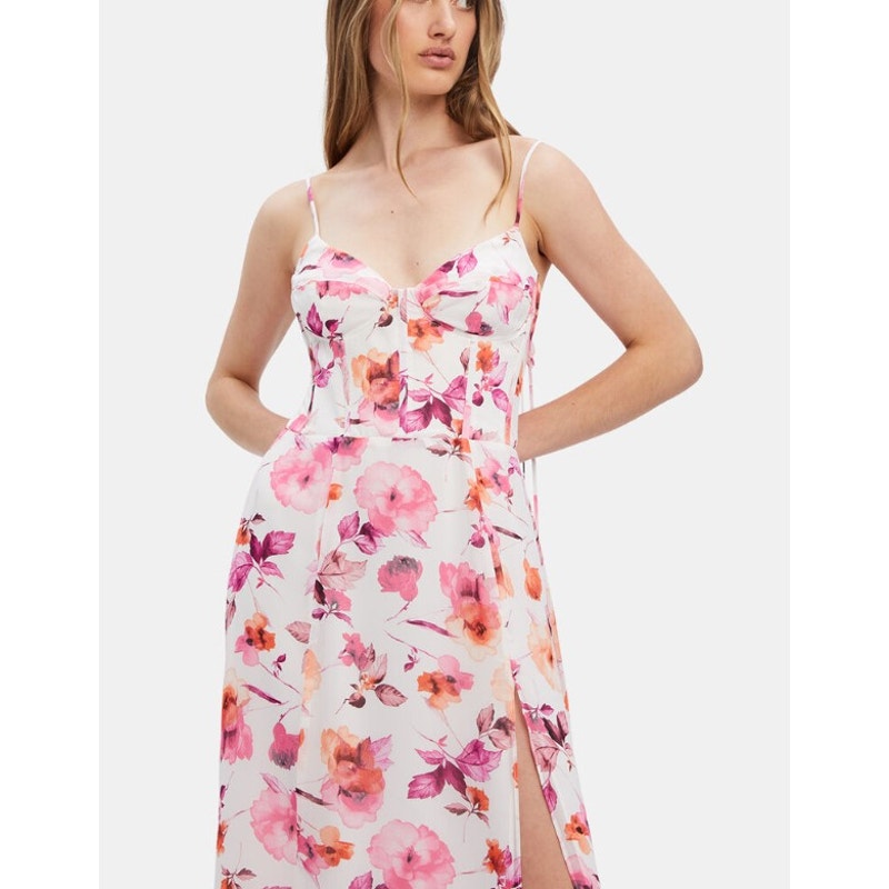 BARDOT Women's Zeta Midi Dress XS US 2 White Pink Floral Chiffon NWT