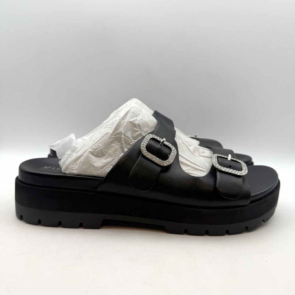 Vionic Womens Capitola Lug Platform Sandals US 11 Black Leather Rhinestone NWOB