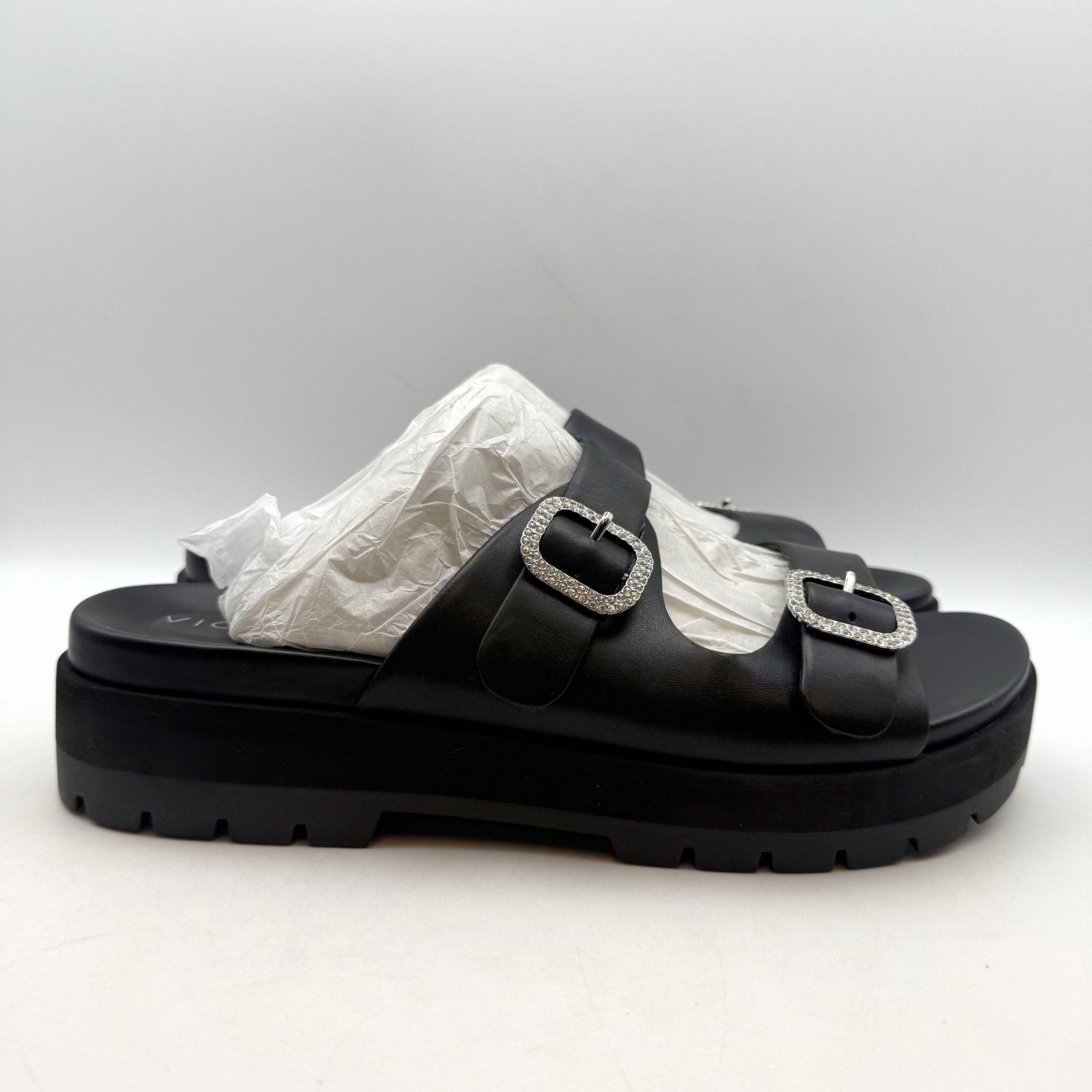 Vionic Womens Capitola Lug Platform Sandals US 11 Black Leather Rhinestone NWOB