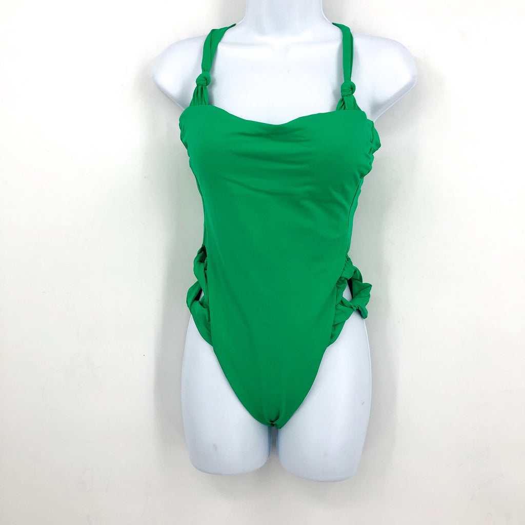 BECCA Baja Mar One Piece Swimsuit Large Green Verde Bow Side Open Back NWT