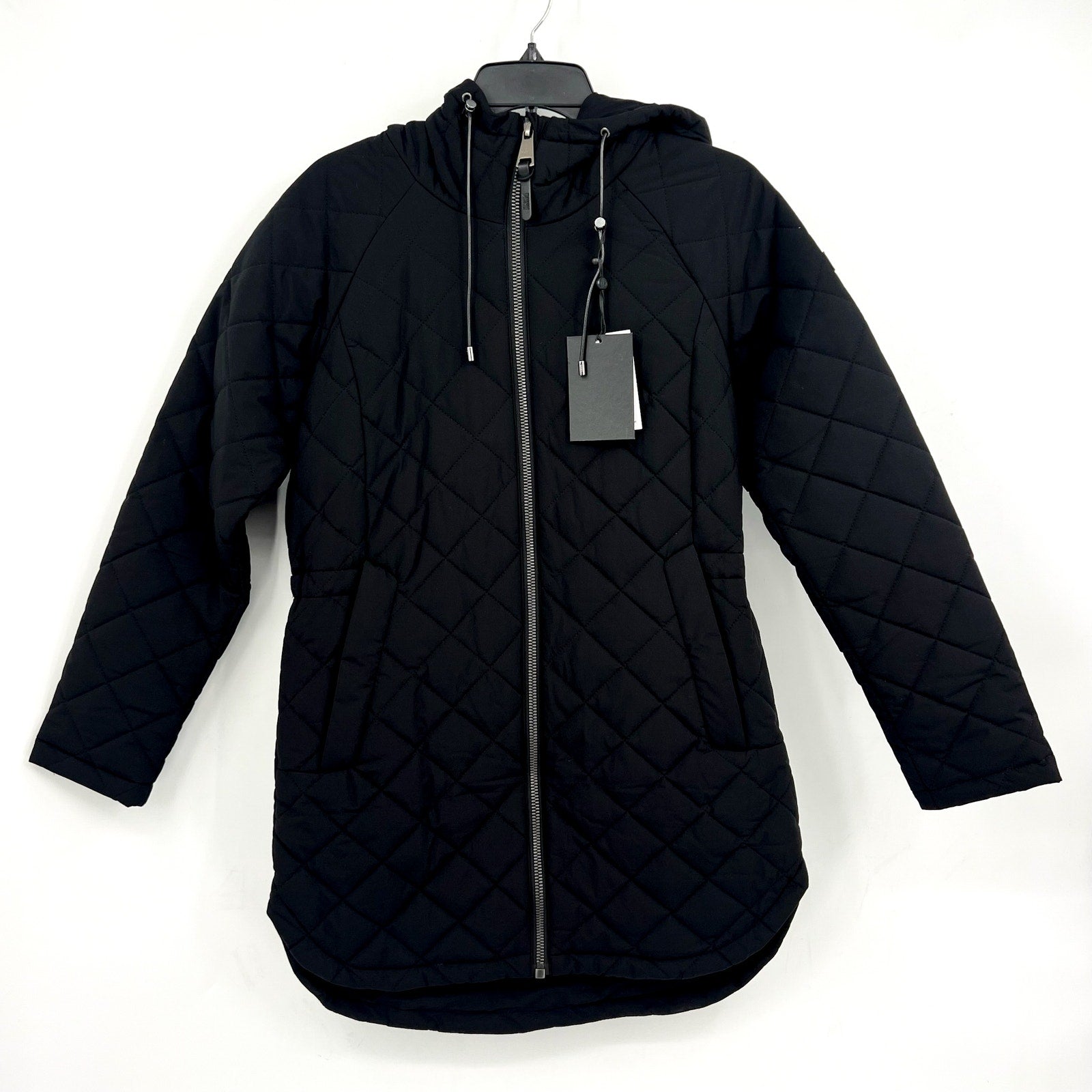 DKNY Womens Diamond Quilted Jacket XS Black Hooded Mid-Length NWT