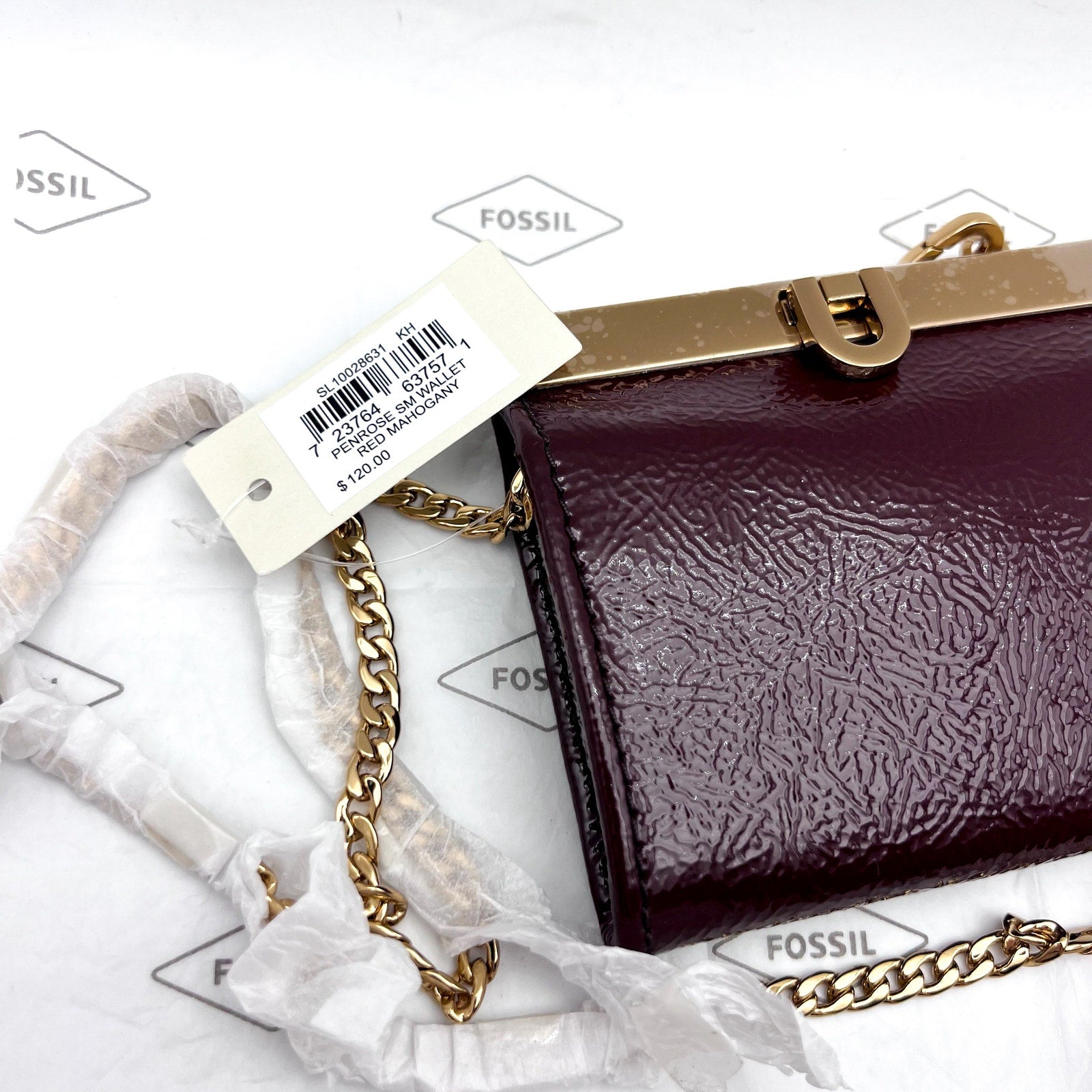FOSSIL Penrose Wallet Crossbody Bag Small Red Mahogany Chain Strap NWT