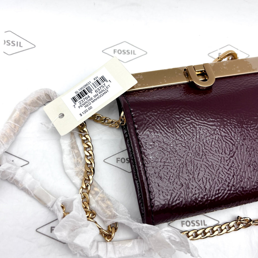 FOSSIL Penrose Wallet Crossbody Bag Small Red Mahogany Chain Strap NWT