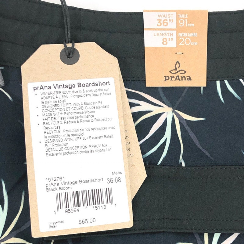 PRANA Men's Vintage Boardshorts XL 36 Black Bloom 8" Inseam Drawstring NWT