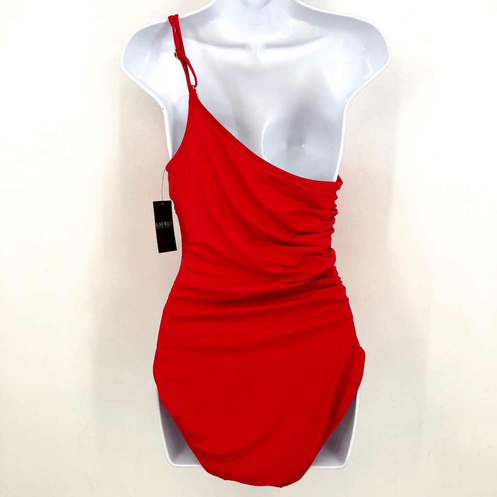 LAUREN RALPH LAUREN Double Strap One Piece Swimsuit Size 6 Red One Shoulder NWT