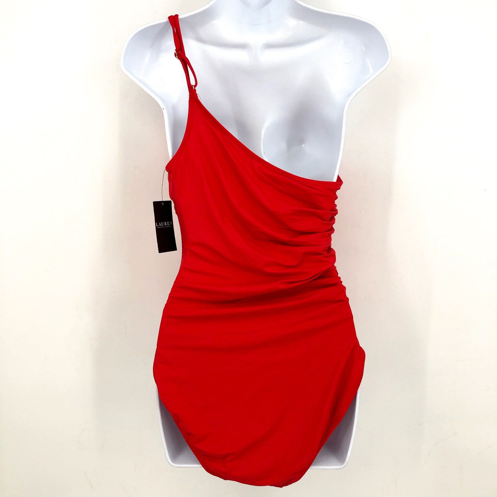 LAUREN RALPH LAUREN Double Strap One Piece Swimsuit Size 6 Red One Shoulder NWT