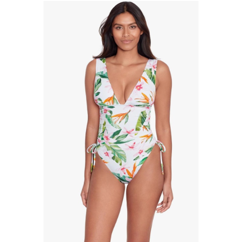 LAUREN RALPH LAUREN Plunge One Piece Swimsuit Size 12 White Tropical Floral NWT