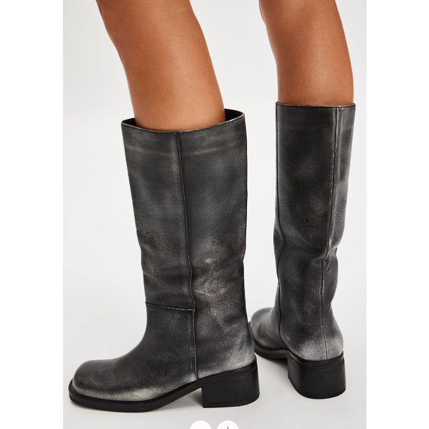 Free People Womens Dana Knee High Boots US 8 Black Distressed Leather NIB