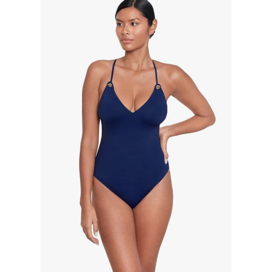 LAUREN RALPH LAUREN Strappy Plunge One-Piece Swimsuit Size 4 Blue Vneck NWT