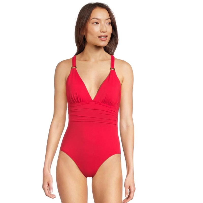 TOMMY BAHAMA V neck One Piece Swimsuit Size 10 Red Hibiscus Novelty Pearl NWT
