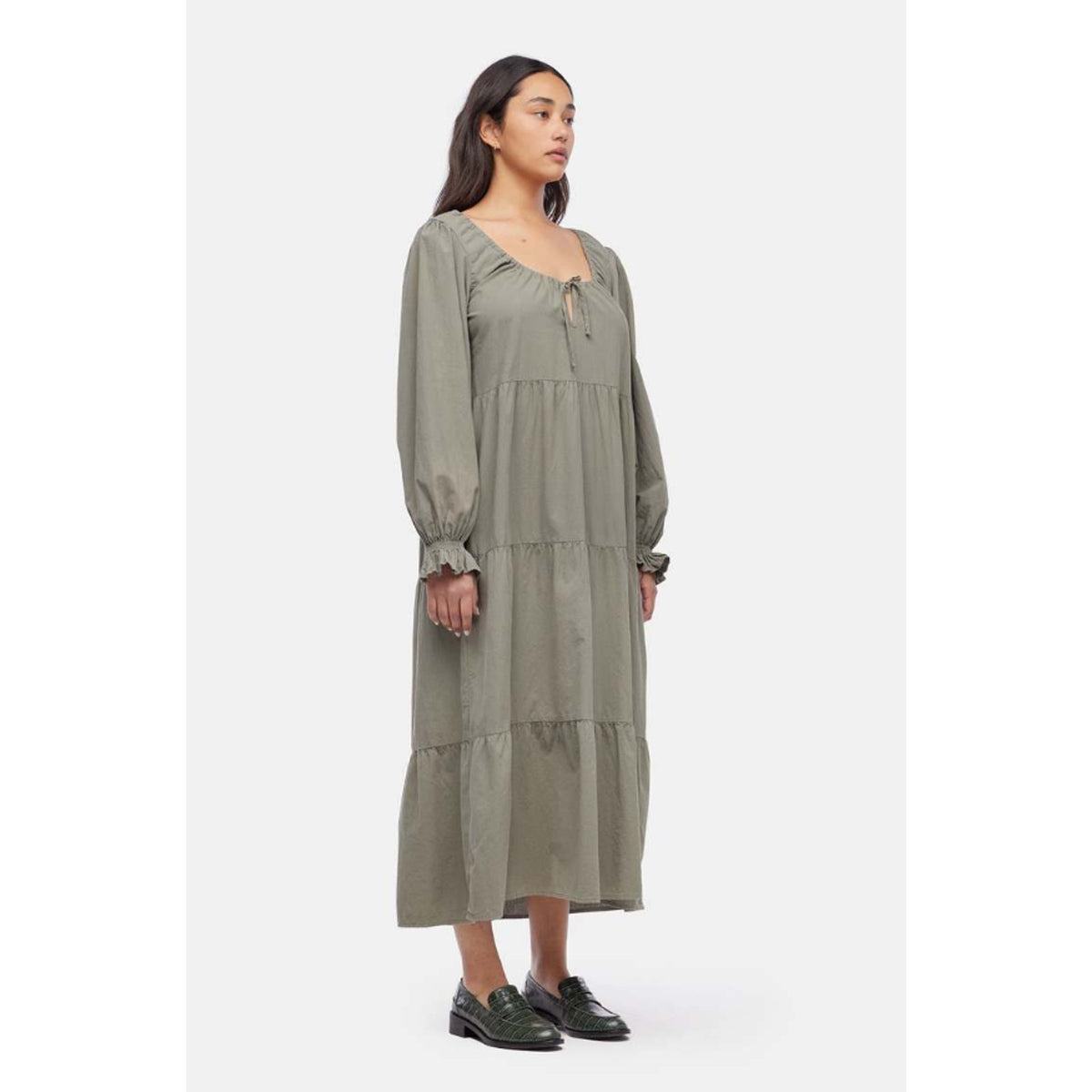 LACAUSA Women's Tate Tiered Midi Dress XS Eucalyptus Green