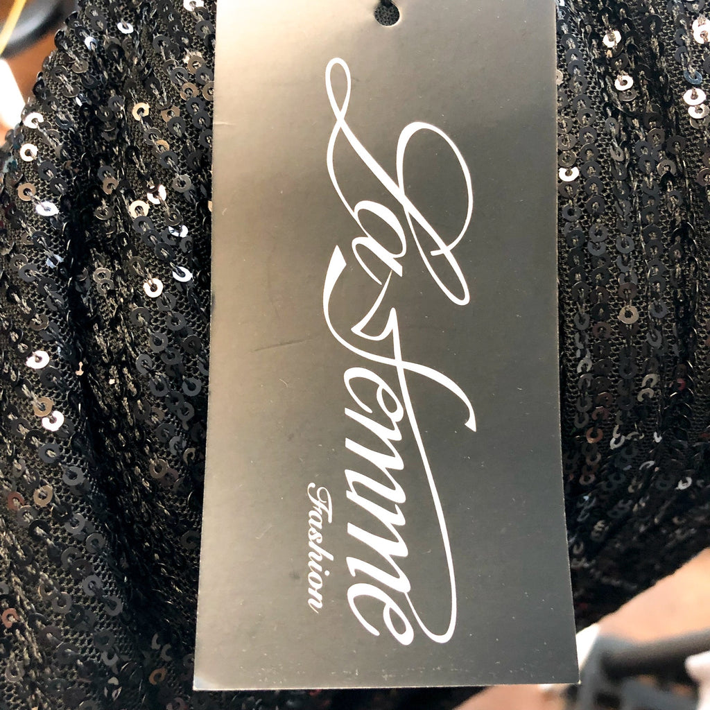 LA FEMME Sequin High Neck Dress Size 0 Black Long Slit Low Back 28529 NWT