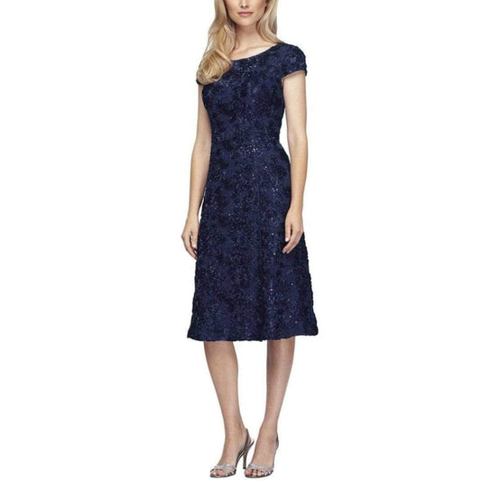 ALEX EVENINGS Rosette A-line Midi Dress Size 14 Navy Blue Sequin Lace 121570 NWT