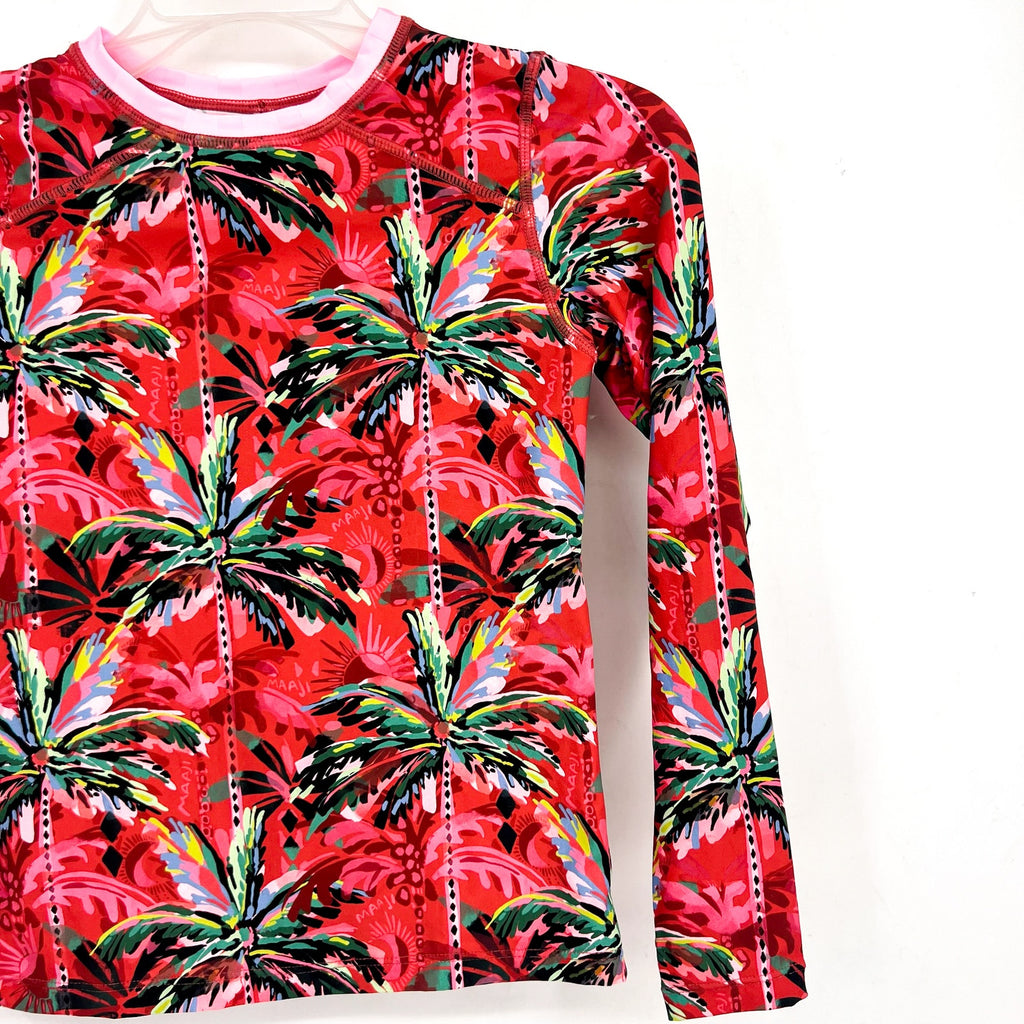 MAAJI Girl's Odyssey Rashguard Swim Top Size 12 Red Flame Palms Long Sleeve NWT