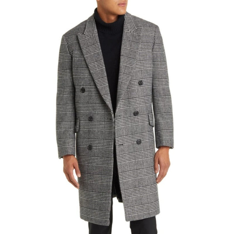 NORDSTROM Men's Glen Wool Blend Topcoat XL Black White Plaid XL NWOT