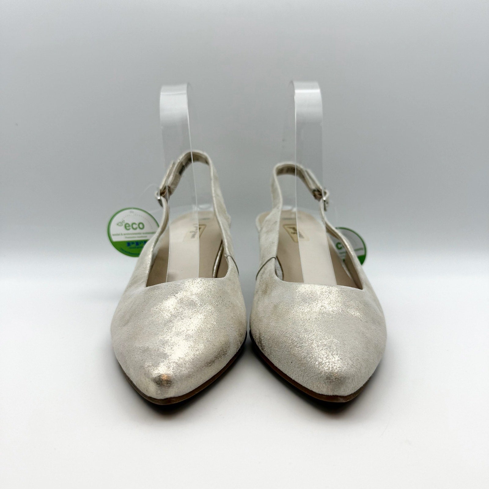 Paul Green Womens Rio Heels US 6.5 M Silver Metallic Leather Ankle Strap NIB