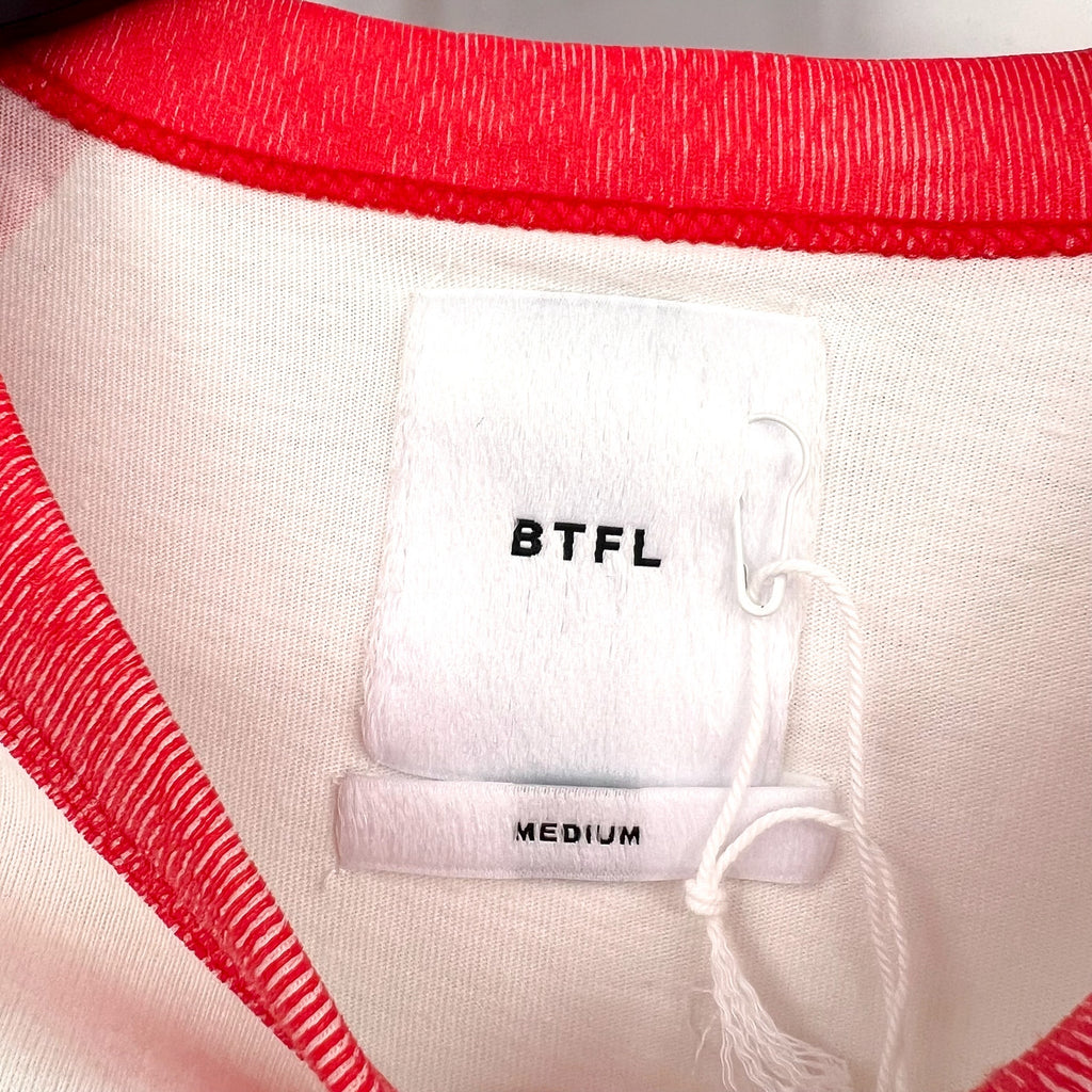 BTFL Men's Crewneck Baseball T-Shirt Medium White Red Vinyl Sleeves NWOT