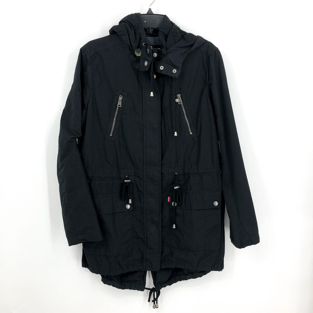 LEVI'S Womens Parachute Hooded Utility Jacket Large Black Drawstring Cotton NWOT