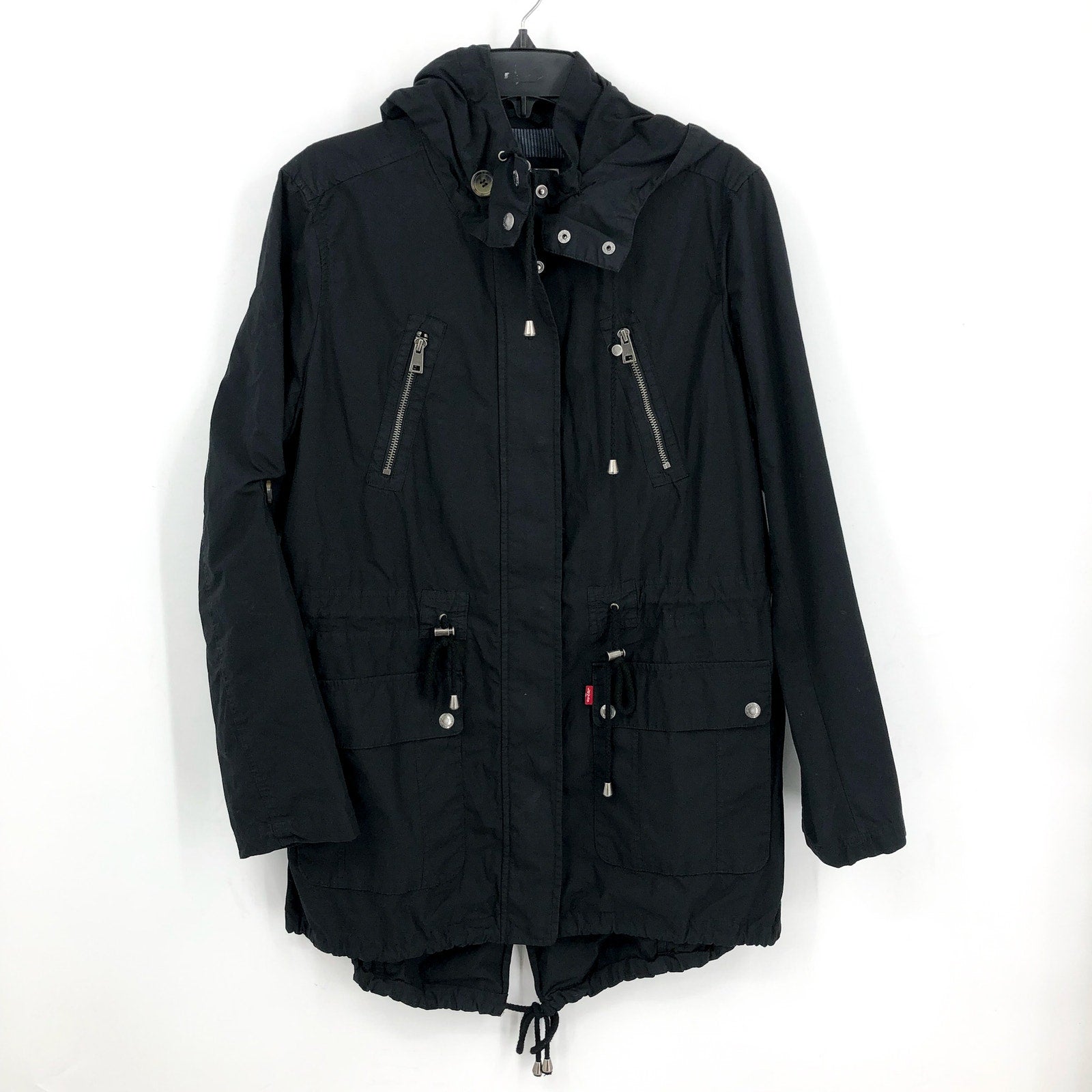 LEVI'S Womens Parachute Hooded Utility Jacket Large Black Drawstring Cotton NWOT