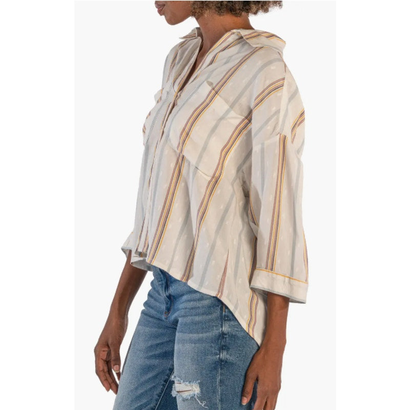 KUT FROM THE KLOTH Zuma Stripe Shirt Small Ivory Gold Rose Buttons NWOT