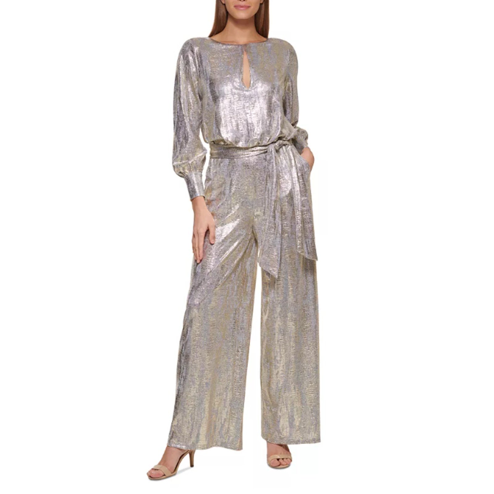 Vince Camuto Women's Metallic Wide-Leg Jumpsuit 0 Petite Gold Belted NWT