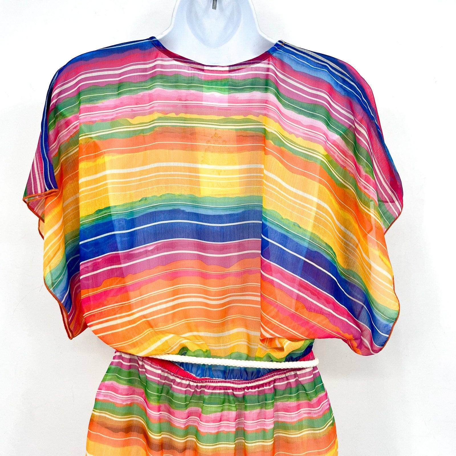 BECCA Shoreline Tunic Beach Cover Up XS-S Rainbow Multi Belted Chiffon NWT