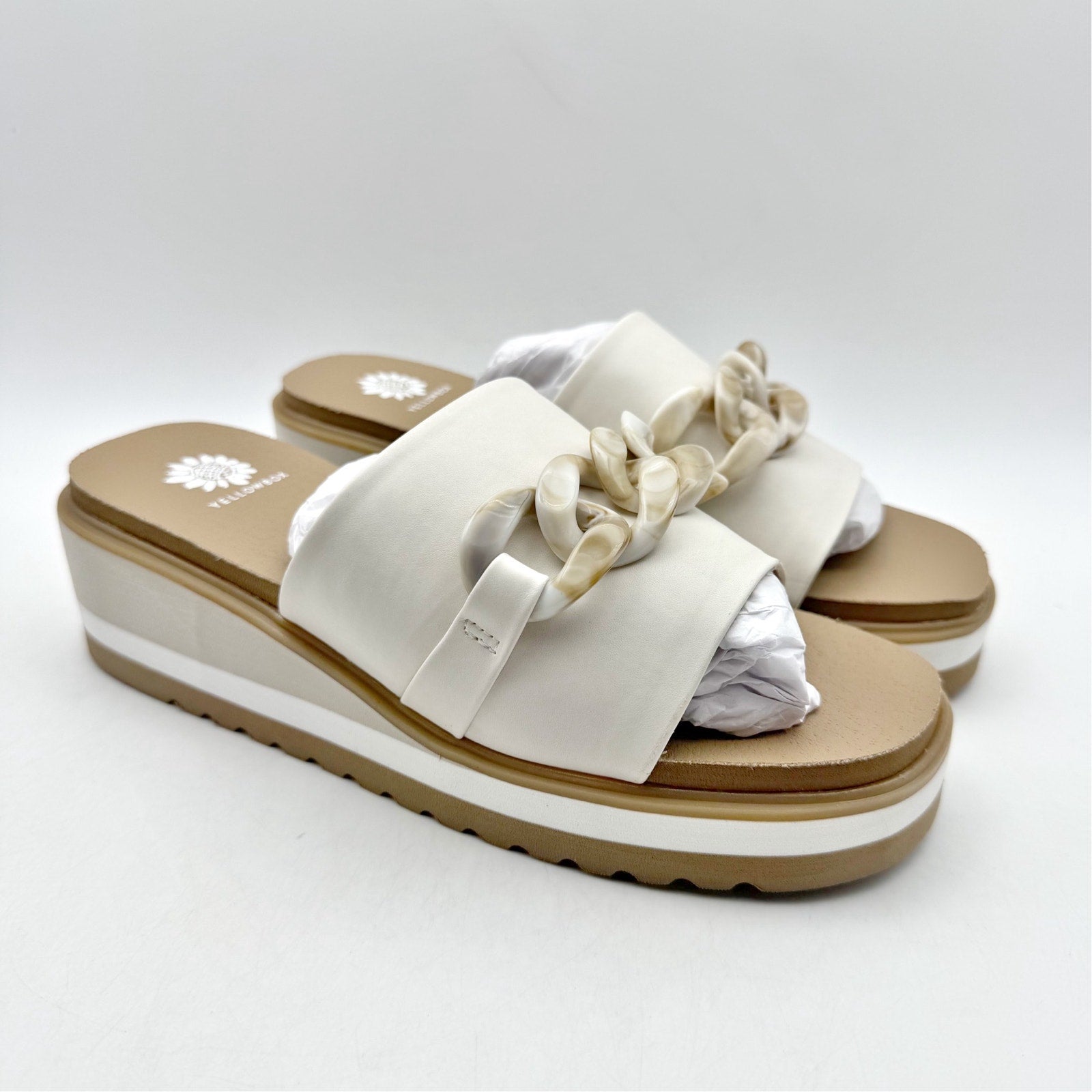 Yellow Box Womens Alora Wedge Slide Sandals US 7 M White Tan Vegan Leather NWOB