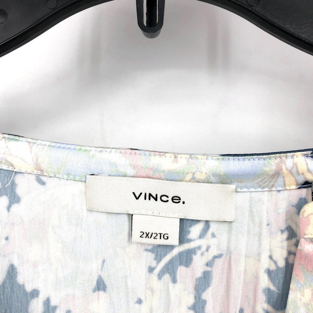 VINCE Women's Pleated Lotus Print Blouse 2X Tide Pool Blue Top Floral NWT