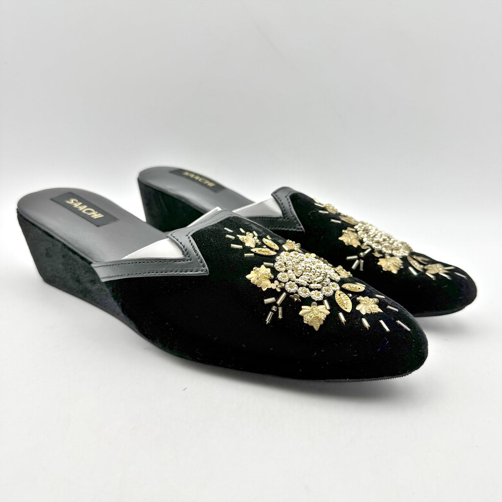 Saachi Womens Sequined Floral Slide Mules US 8 Black Velvet NWOB