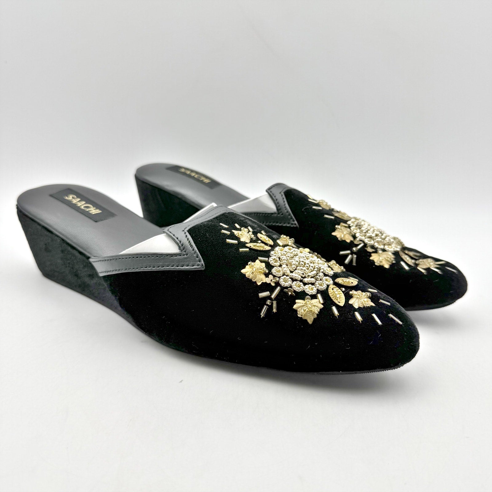 Saachi Womens Sequined Floral Slide Mules US 8 Black Velvet NWOB