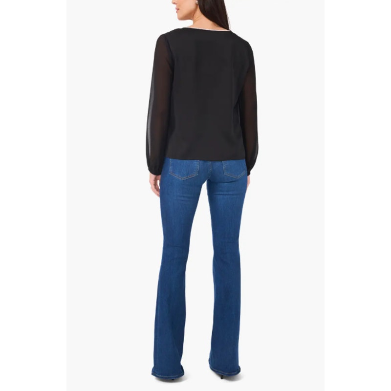 VINCE CAMUTO Womens Rhinestone-Trim Top Small Black V Neck Sheer Long Sleeve NWT