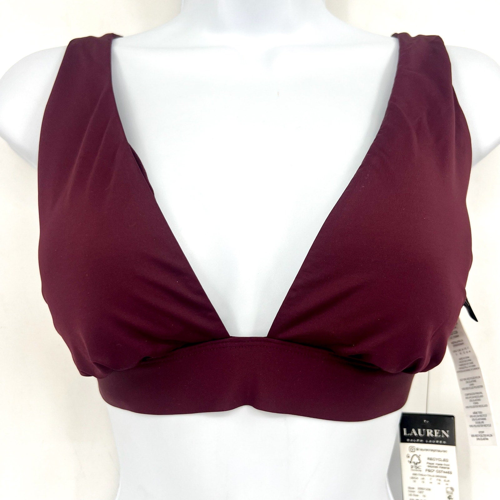 LAUREN RALPH LAUREN Banded V-Neck Bikini Top Size 10 Red Claret Beach Club NWT
