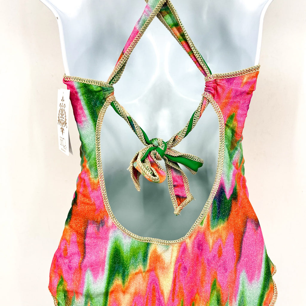 BECCA Women's Lace-Up One-Piece Swimsuit Large Pink Mirage Metallic NWT