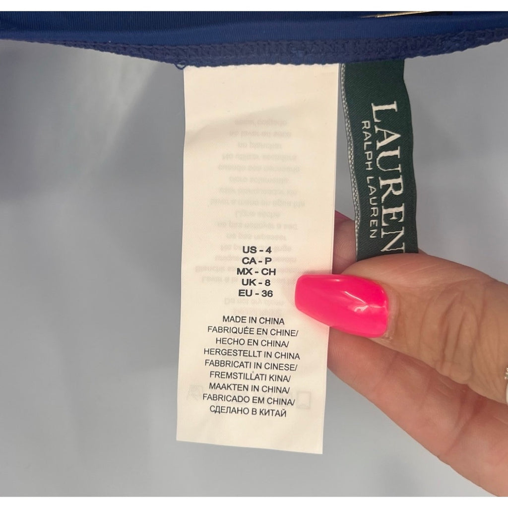 LAUREN RALPH LAUREN Hipster Bikini Bottom Size 4 Navy Blue Shirred Side Tab NWT