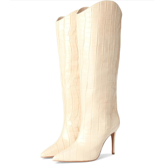 SCHUTZ Womens Maryana High Heel Boots US 8 Cream WIDE CALF Leather Croc