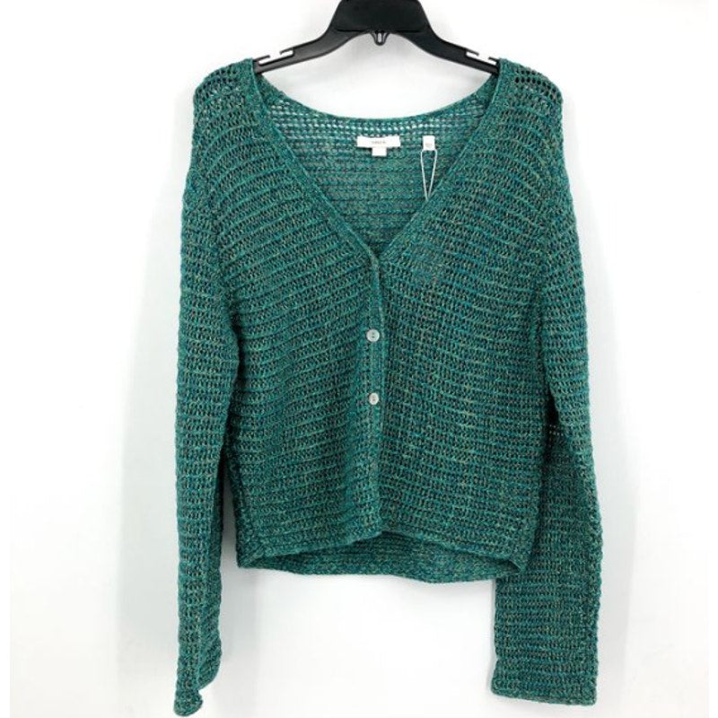 VINCE Women's Marled Crochet Cardigan XS Green Marl V-Neck Cotton NWT