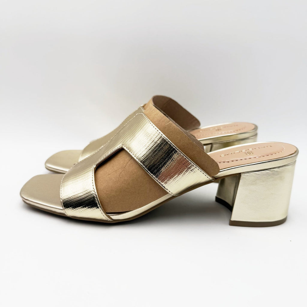 Bandolino Womens Merring Block Heel Slide Sandals Size 9 Gold Lizard NIB
