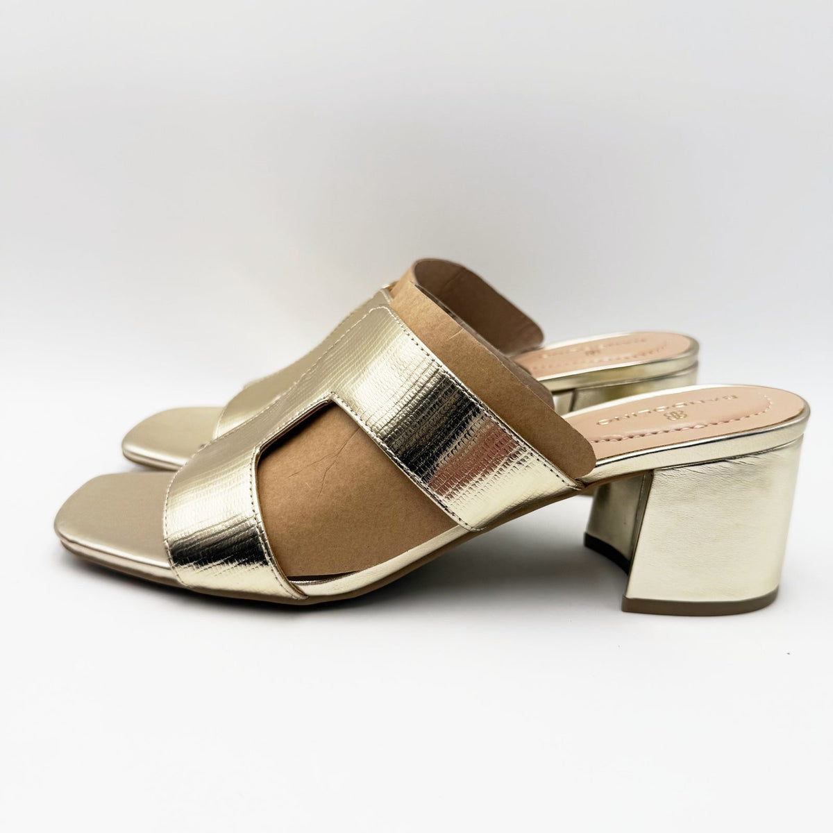 Bandolino Womens Merring Block Heel Slide Sandals Size 9 Gold Lizard NIB